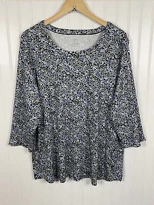 J. Jill Top T-Shirt 2X Pima 3/4 Sleeve Scoop-Neck Tee Floral Blues Soft Pima • $22.95