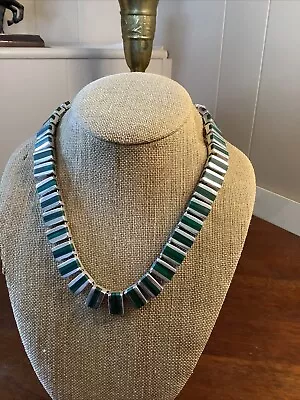 Rare Vtg. Mexico J Combs Sterling Silver Malachite Inlay Necklace 18 Inches B81 • $220