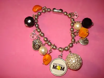 $8 • Buy Softball Mom Charm Bracelet ~ Rhinestone-polished Rocks-Faux Pearls-Crystals