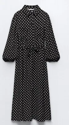 Zara Polka Dot Print Midi Shirt Dress. Black. Size Xl • £45