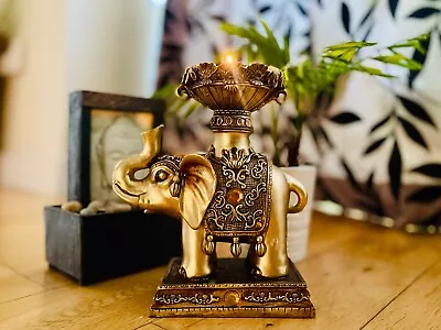 Indian Elephant Candle Holder Beautiful Ornament Statue Resin Decor Gold • £19.99