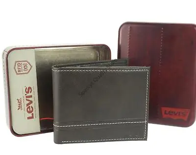 Authentic Levi's Leather Wallet Brown Bi Fold RFID Protection ID Window Flap Tin • £24.99
