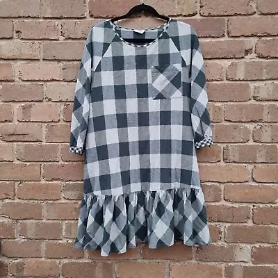 Gorman Green Grey Check Ruffle Dress Size 10 3/4 Sleeve 100% Cotton • $30