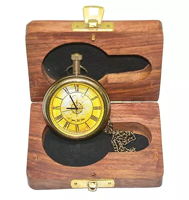 Antique Vintage Maritime Marco Polo Brass Pocket Watch Fob With Chain Wooden Box • $34.99