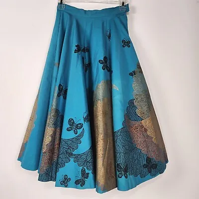 Vintage 1950s Jay Original Blue Sparkle Butterfly Gold Leaf Full Circle Skirt • $164.95
