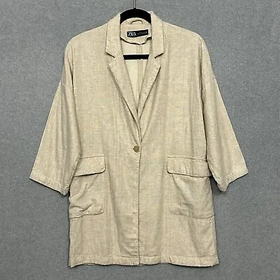 Zara Womens Jacket L Natural Beige Linen One Button Oversized Boyfriend Blazer • £31.71