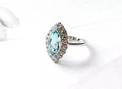 1.7ct Simulated Marquise Blue Aquamarine Ring Milgrain Halo White Gold Plated • $99.99