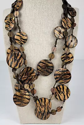 Chico's Wooden Disc Cluster Beaded Necklace Brown Black Lobster Clasp 31.5 In • $9.80