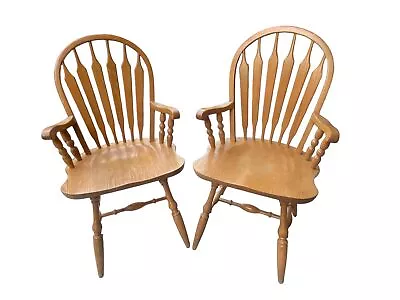 Dinaire Vintage Solid Wooden Oak Windsor Dining Arm Chairs (Set Of 2) • $273.59