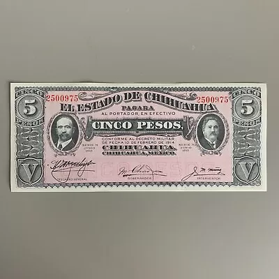 Mexico Estado De Chihuahua 5 Pesos 1915 Banknote Mexican War Currency S532A CU • $29.95