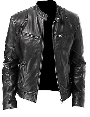Cafe Racer Biker Leather Jacket  Black & Brown Soft Sheep Skin Leather  • $97.99