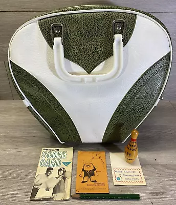 50S/60s VTG RETRO NATIONAL LEATHER BOWLING BAG GREEN/WHITE MID CENTURY W/EXTRAS • $42.55