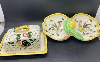 Vtg Ucagco Early Provincial Hand Painted Japan Butter Dish + Dish Rooster & Rose • $23