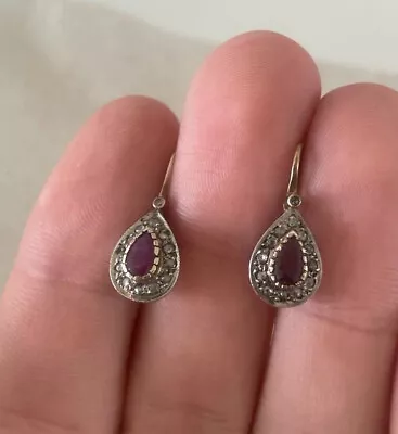£25.98 • Buy 14ct Gold On Silver Ruby & Diamond Drop Dangly Earrings