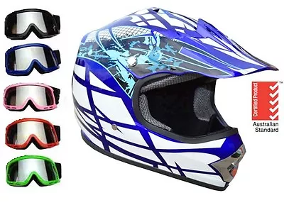 Kids Dirt Bike Helmet BLUE With Goggles Youth Child Motocross Quad ATV PEEWEE • $89.95