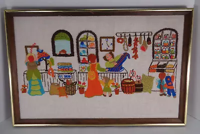 Vintage Framed Yarn Cross Stitch Art Market Grocery Store Fruit Meat Bread Kids • $29.99