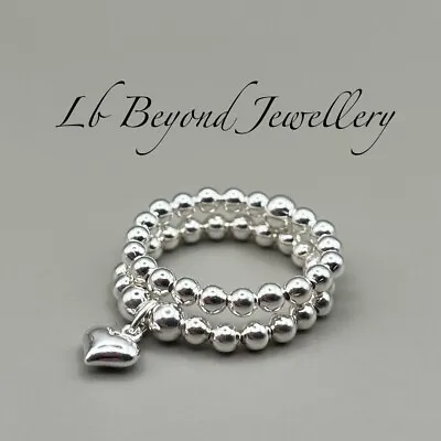 Sterling Silver Beaded Stretch Stacking Rings With Heart Charm Handmade Set Of 2 • £14.99