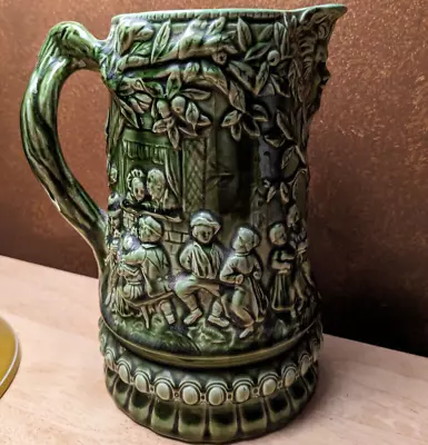 Antique Vintage French Green Majolica Pitcher Tavern Scene Beer Wine Pitcher • $39.99