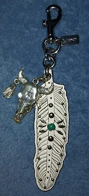 RARE Coach Western White Leather Feather Silver Skull Bag Charm Keychain  • $135