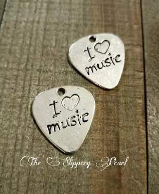 2 Guitar Pick Charms Antique Silver Tone Word Charms Quote Pendants I Love Music • $3.68