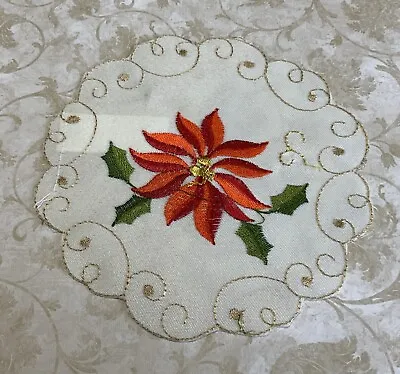 Vintage Mini Round Doily Poinsettia Polyester Off White Gold Red • $3.95