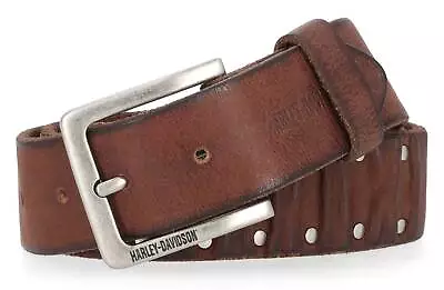 Harley-Davidson Men's Ribbed & Studded Detail Genuine Leather Belt - Brown • $79.95