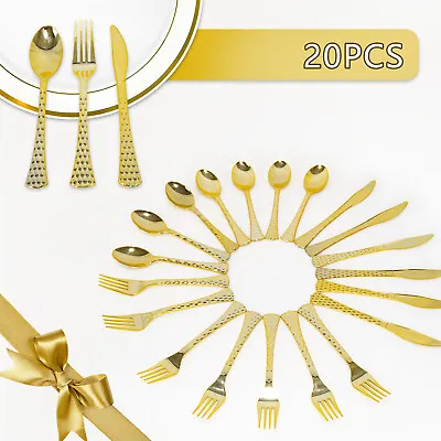 $6.83 • Buy 20 Pcs Gold Plastic Silverware Disposable Heavy Duty Utensils Set For Catering