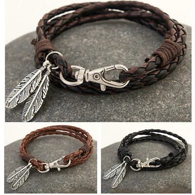 Mens Women Real Leather Bracelet Wristband Bangle Punk Beaded Surfer Wrap Gifts • £4.99