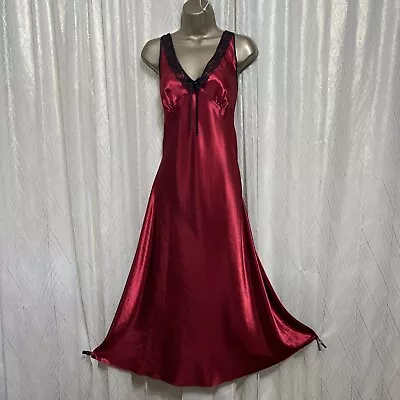 VTG L XL Nightgown Satin Nylon Lace Scarlet Red Shiny Gown Negligee Black Trim • $69.99