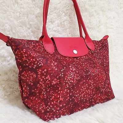 Longchamp Pliage Tote Bag Handbag Flower Pattern Red Limited Edition Near Mint • $183