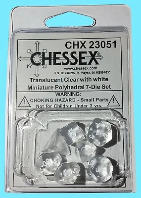CHESSEX 7 MINI POLYHEDRAL DICE SET TRANSLUCENT CLEAR - WHITE NUMBERS Miniature • $10.49