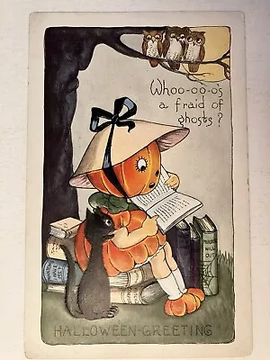 Whitney Anthropomorphic Pumpkin Girl & Black Cat Halloween PostCard • $19.50