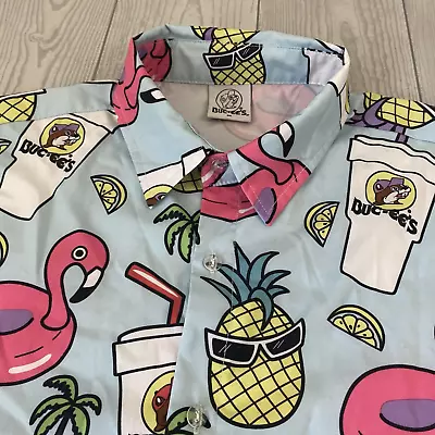 Buc-ees Buck Hawaiian Shirt Men Medium Stretch Pink Flamingos Palm Button Up • $32