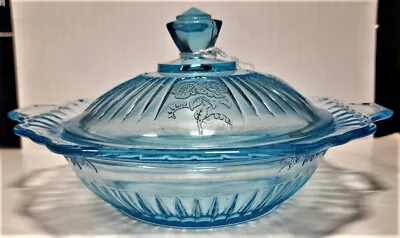   Mayfair  Aka  Open Rose   Blue Butter W/Lid From Hocking Glass 1931-1937 • $280