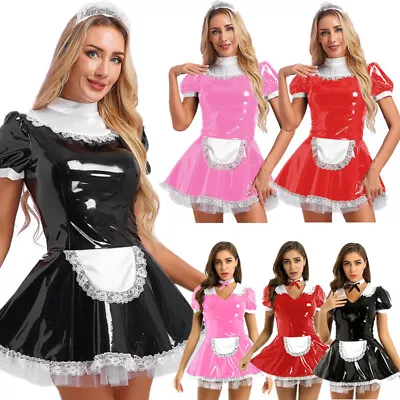 UK Womens Halloween Patent Leather French Maid Dress Cosplay Costume Clubwear • £6.36