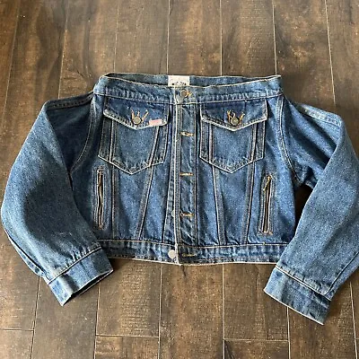 Vintage DEGUY Off Shoulder Cropped WomensDenim Jacket Blue Y2K 90s Small S • $35