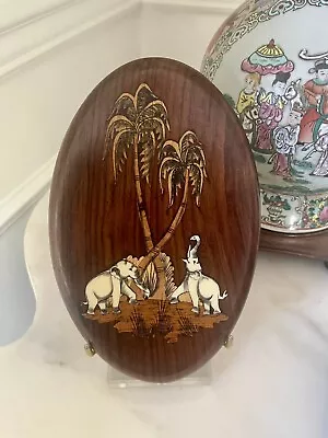 Vintage MCM Wooden Inlay Plaque With Elephants  • $4