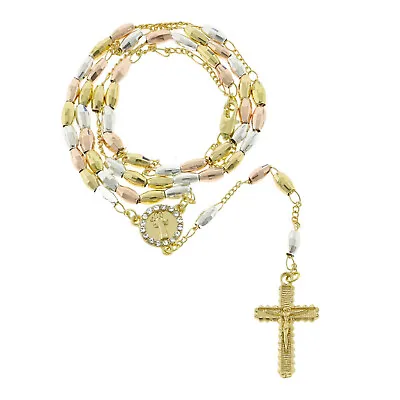 Men's CZ 14K Gold Filled Tri-Colored Religious Rosary Jesus Cross Chain Necklace • $15.99