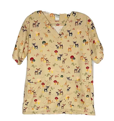 UA Scrubs Khaki Multi Color Deer Short Sleeve Top M • $17.79