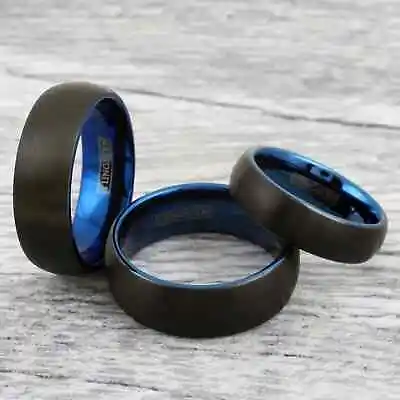 Brushed Black With Sapphire Blue Tungsten Wedding Band Engagement Ring • $55