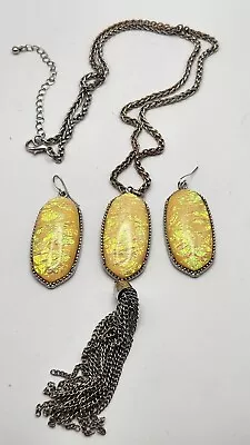 $17.95 • Buy Vintage Faux Opal Foil Cabochon Statement Tassel Necklace And Earrings Set