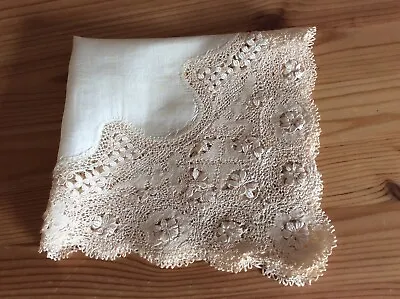 Excellent Unused Antique Handmade Silk Maltese Lace Handkerchief 14” • £45