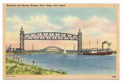 Postcard Railroad And Bourne Bridges Over Cape Cod Canal MA Vintage Posted • $3.50