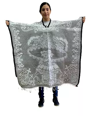 Day Of The Dead Mexican Poncho catrina  Unisex Adult  Gaban  Light Gray • $38