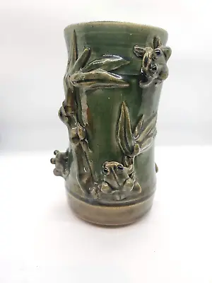 Vintage Signed Studio Art Pottery Green Vase Bamboo With Frogs • $16.99