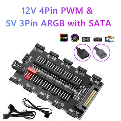 2 In 1 Cooling Fan Hub 12V 4PIN PWM SATA Power Multi Splitter 10 Way For PC Case • $7.69