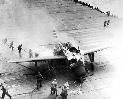 Burning Curtiss Helldiver Crash Landing USS Randolph 8x10 WWII Photo 671b • $7.43