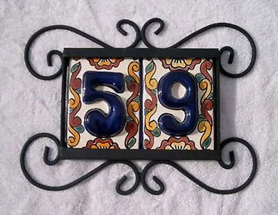 2 BLUE Mexican Tiles House Numbers High Relief & Horizontal Iron Frame  • $37