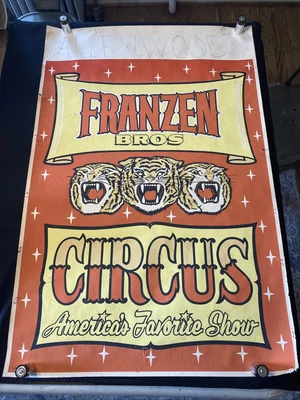 $93.75 • Buy Vtg FRANZEN BROS CIRCUS POSTER-Rare-Allenwood PA Three Tiger Show Small Town
