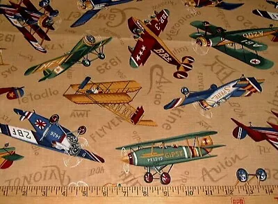 CRANSTON Fabric - Tossed Large Vintage Airplanes On Tan - 30  REMNANT • $7.50